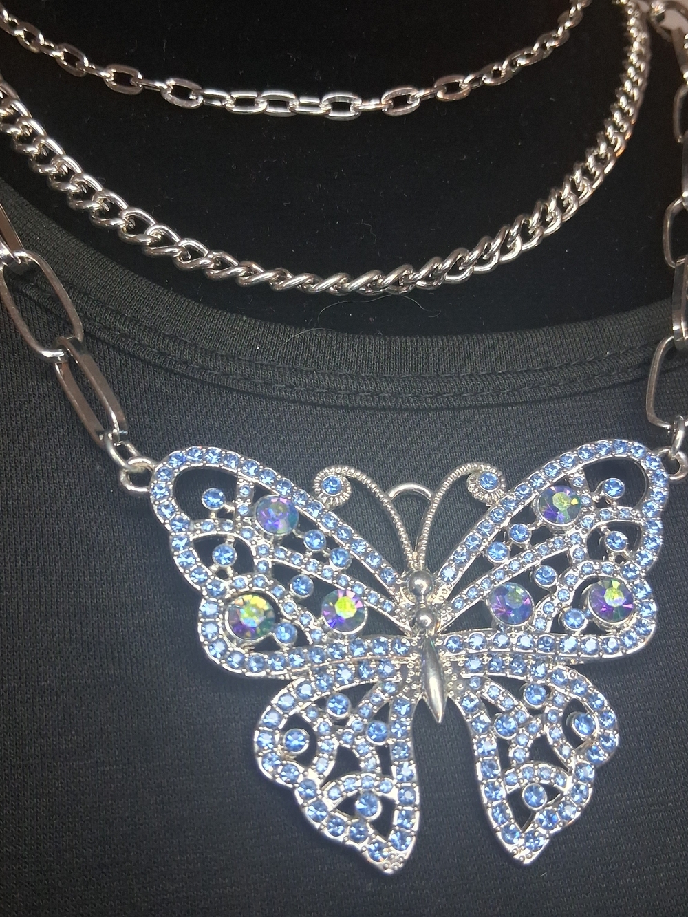 Silver Butterfly Necklace with Blue and Iridescent Crystals